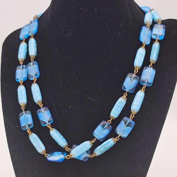 Vintage Uranium Glass Necklace Black Light Reactive Long Strand Blue Beads 36 in